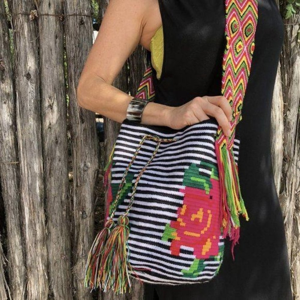 Striped Rose Woven Drawstring Bag Bucket Handmade